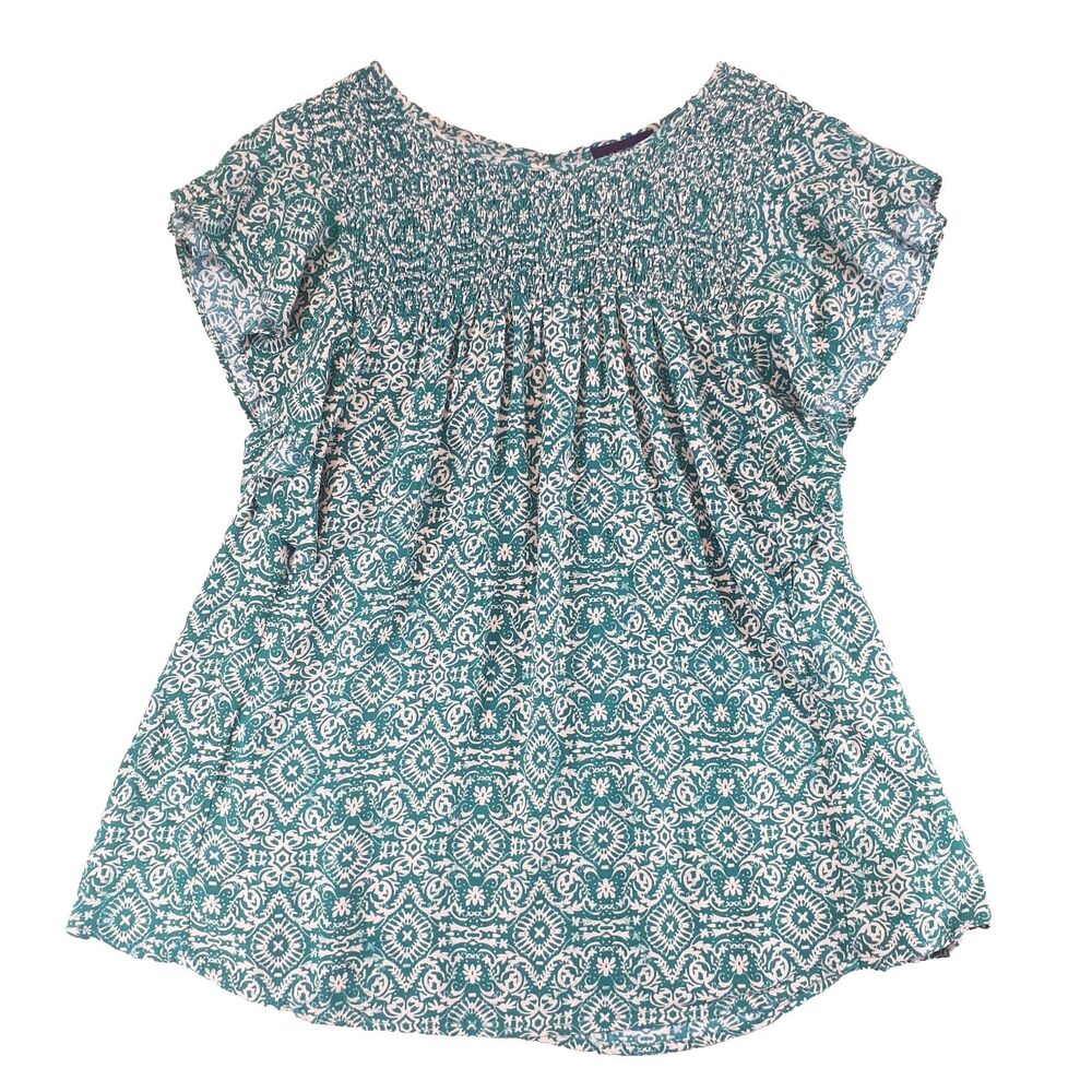Artesia Top Womens Sz L Relaxed Blue White Flutter Sleeves Bohemian Peasant NWT